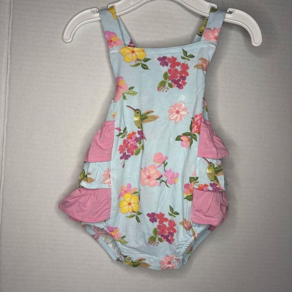 Angel Dear Baby Girl Blue Pink Cute Hummingbirds Ruffle Sunsuit NWT 0-3M Bamboo